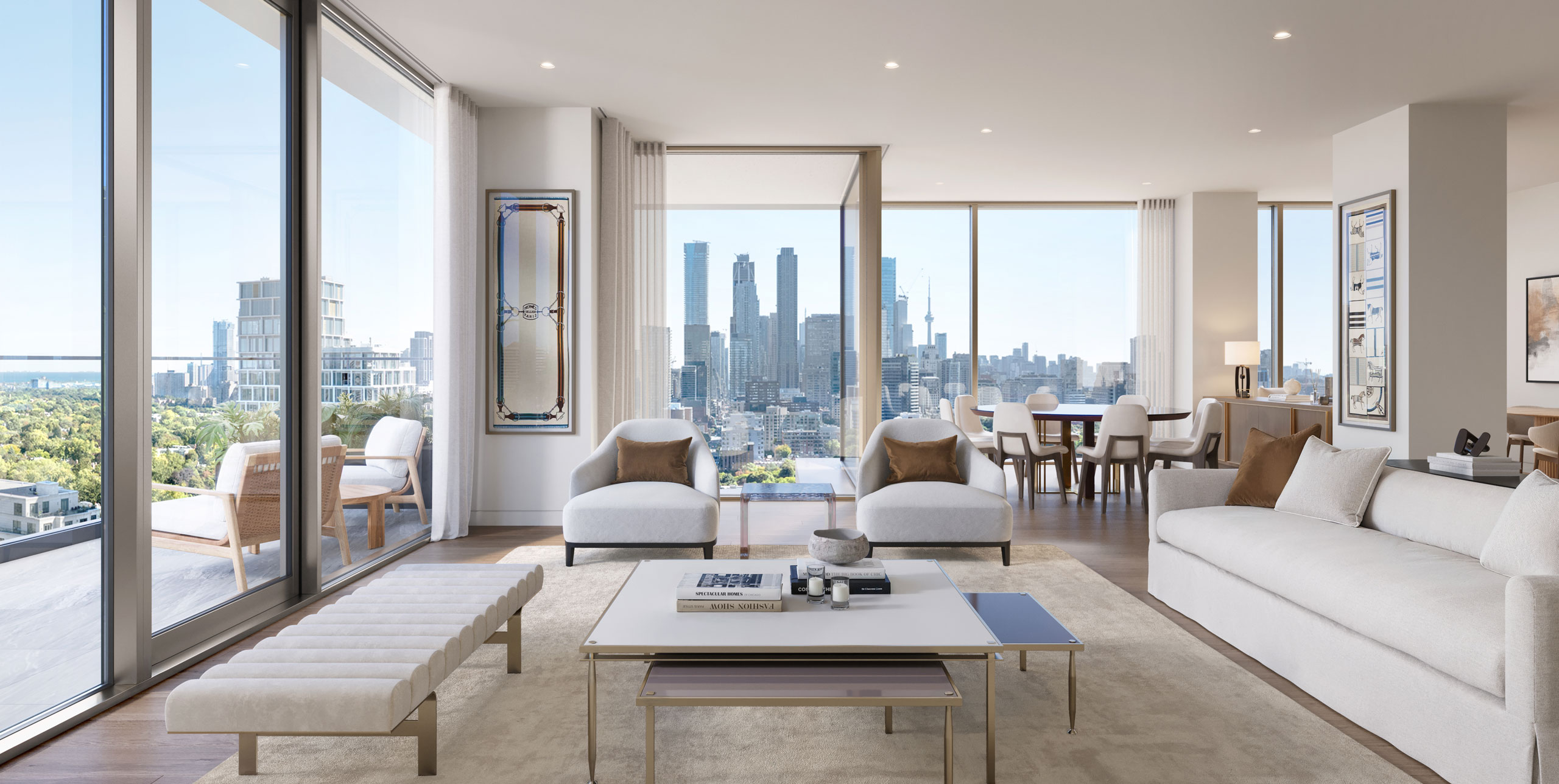 Living room with floor-to-ceiling glass and ceilings of 10 feet or higher